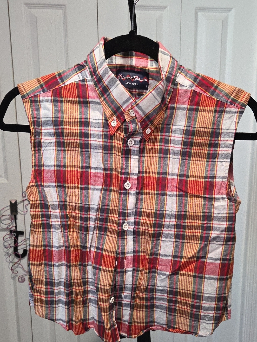 Sz S - Rowing Blazers Cropped Plaid Button-Down Sleeveless Shirt - Red & Yellow